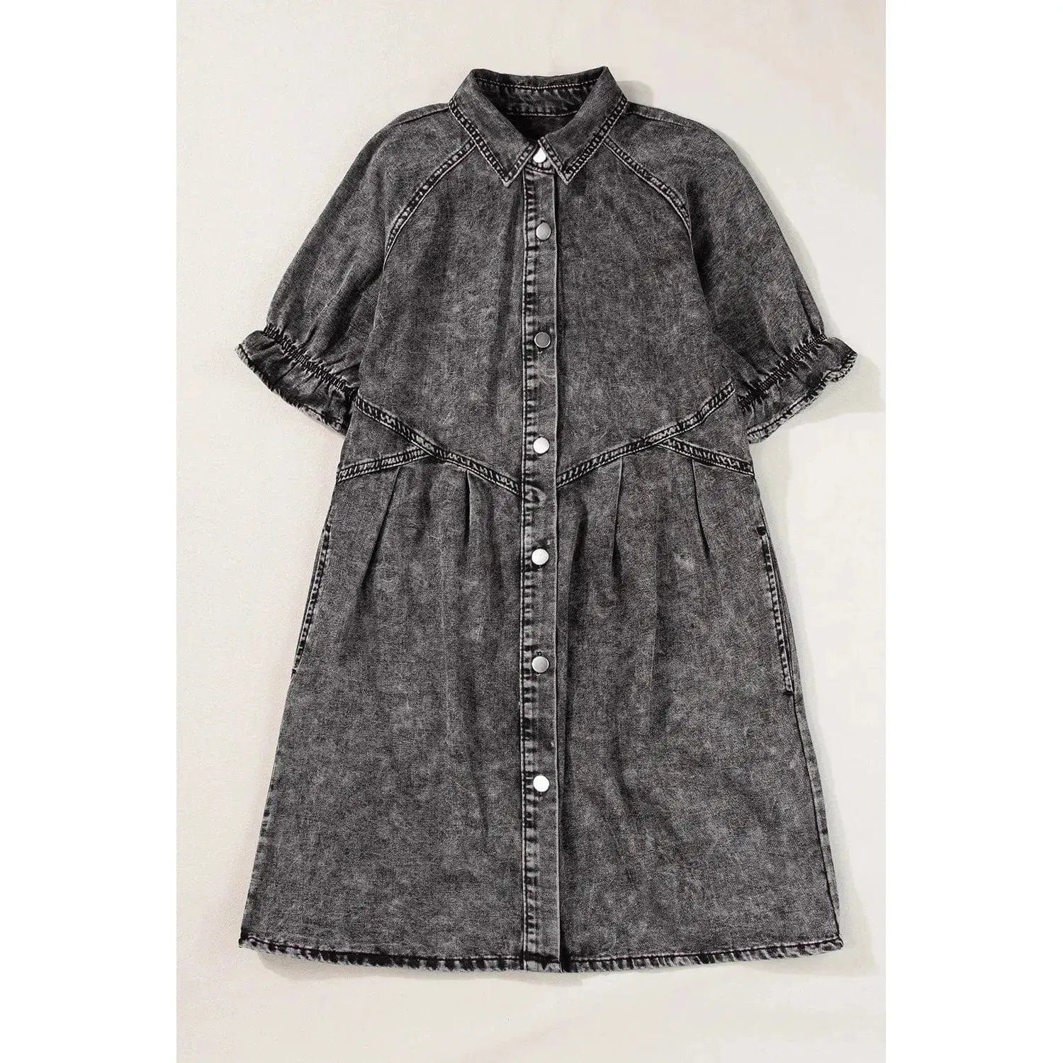 Medium Grey Mineral Wash Ruffled Short Sleeve Buttoned Denim Dress
