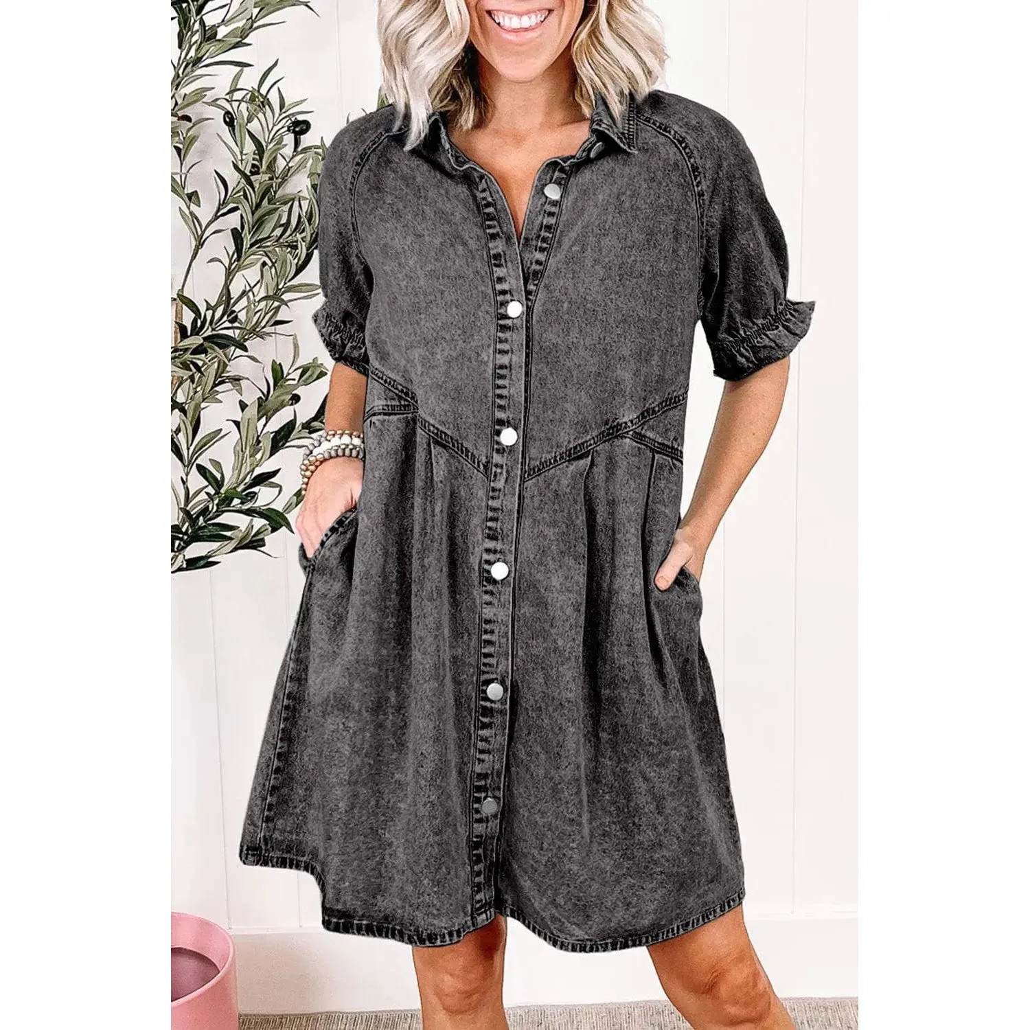 Medium Grey Mineral Wash Ruffled Short Sleeve Buttoned Denim Dress