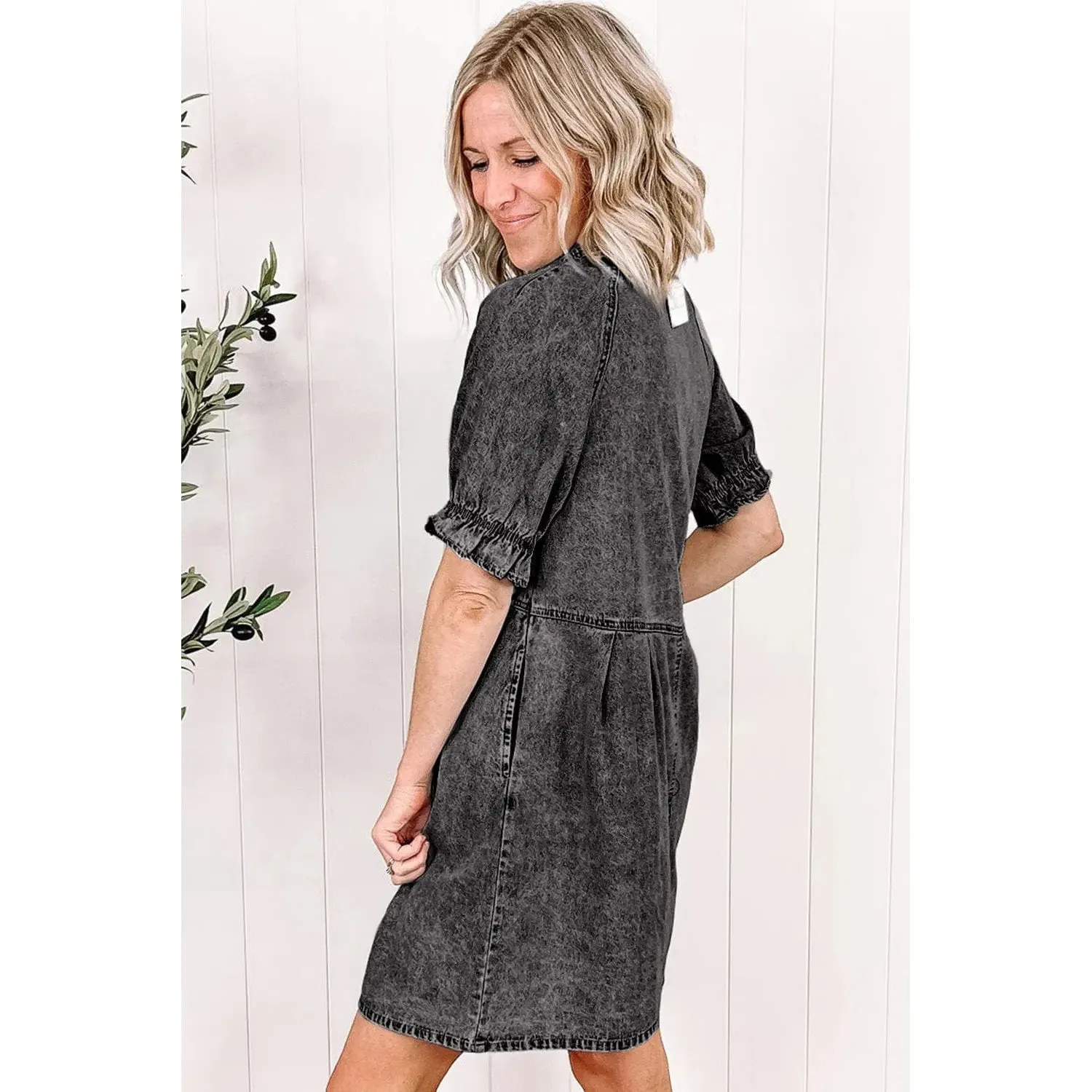 Medium Grey Mineral Wash Ruffled Short Sleeve Buttoned Denim Dress