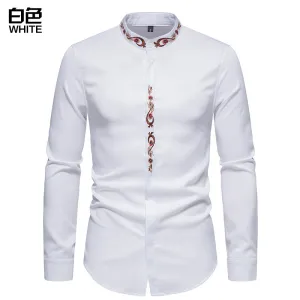 Men Embroidery Floral Fabric Turtleneck Long Sleeves Shirt