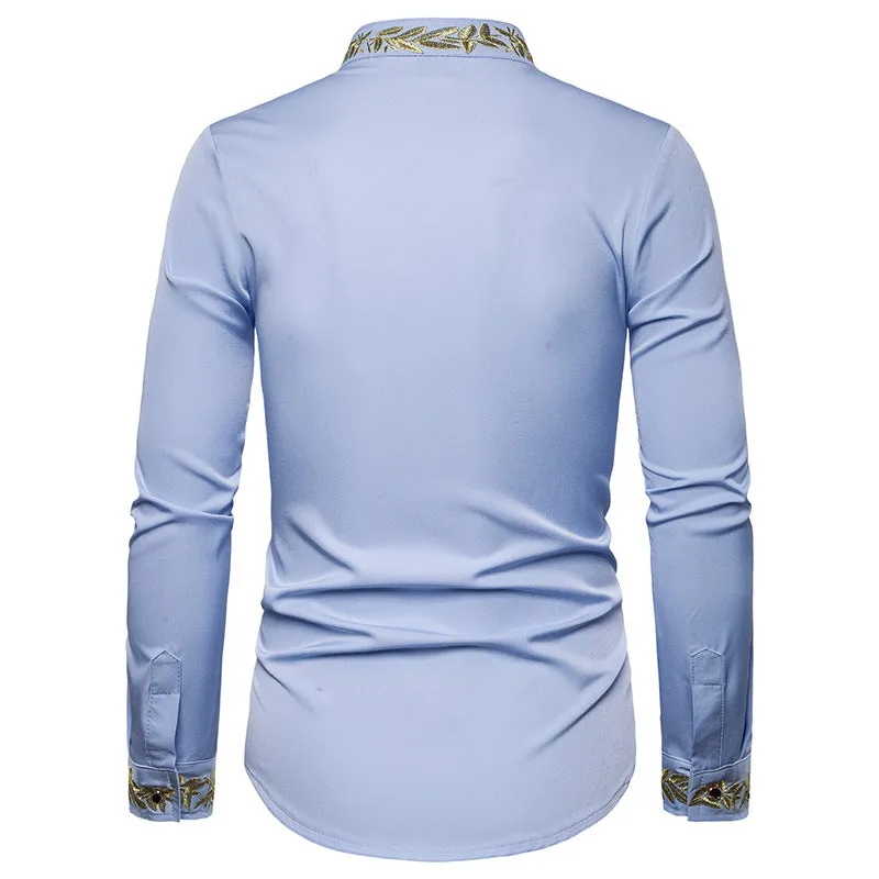 Men Turtleneck Embroidery Floral Fabric Long Sleeves Shirt