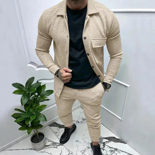 MEN'S SOLID COLOR TWILL JACKET AND CASUAL PANTS TWO-PIECE SUIT