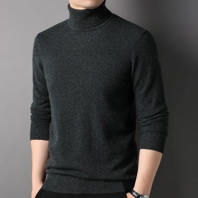 Mens Turtleneck Pure Cashmere Sweater Ribbed Hem Knit Bottoming Tops