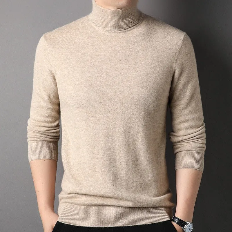 Mens Turtleneck Pure Cashmere Sweater Ribbed Hem Knit Bottoming Tops
