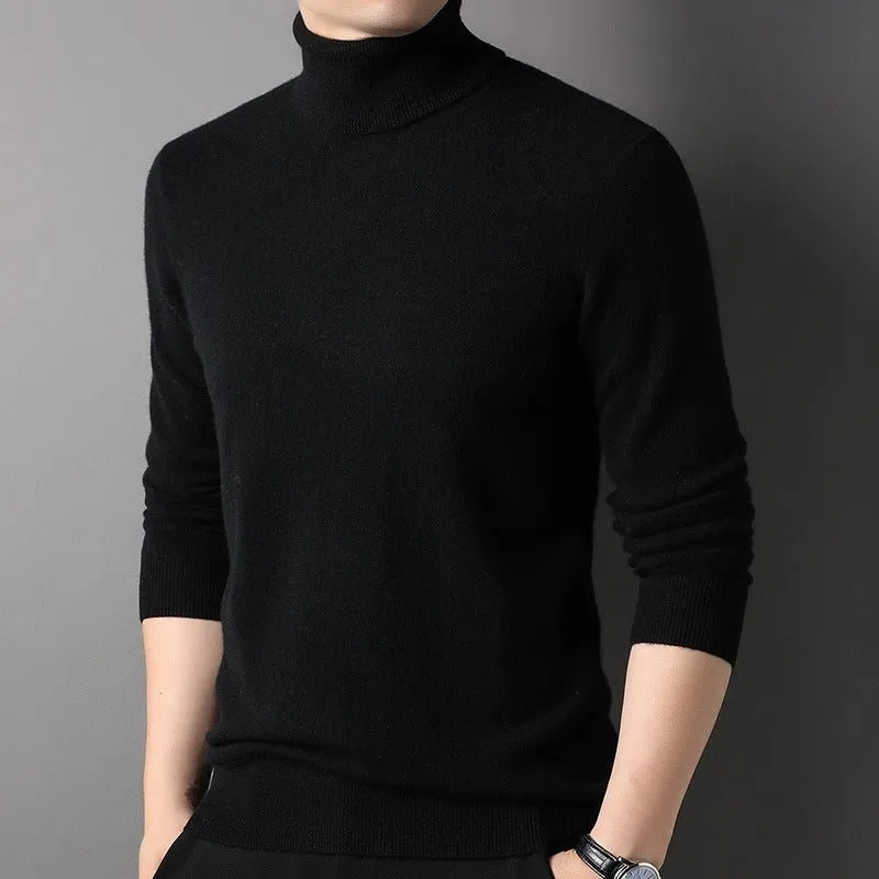 Mens Turtleneck Pure Cashmere Sweater Ribbed Hem Knit Bottoming Tops