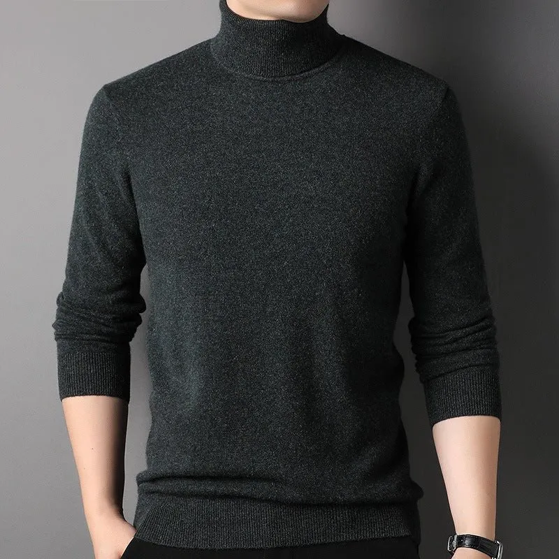 Mens Turtleneck Pure Cashmere Sweater Ribbed Hem Knit Bottoming Tops