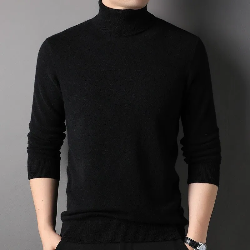 Mens Turtleneck Pure Cashmere Sweater Ribbed Hem Knit Bottoming Tops