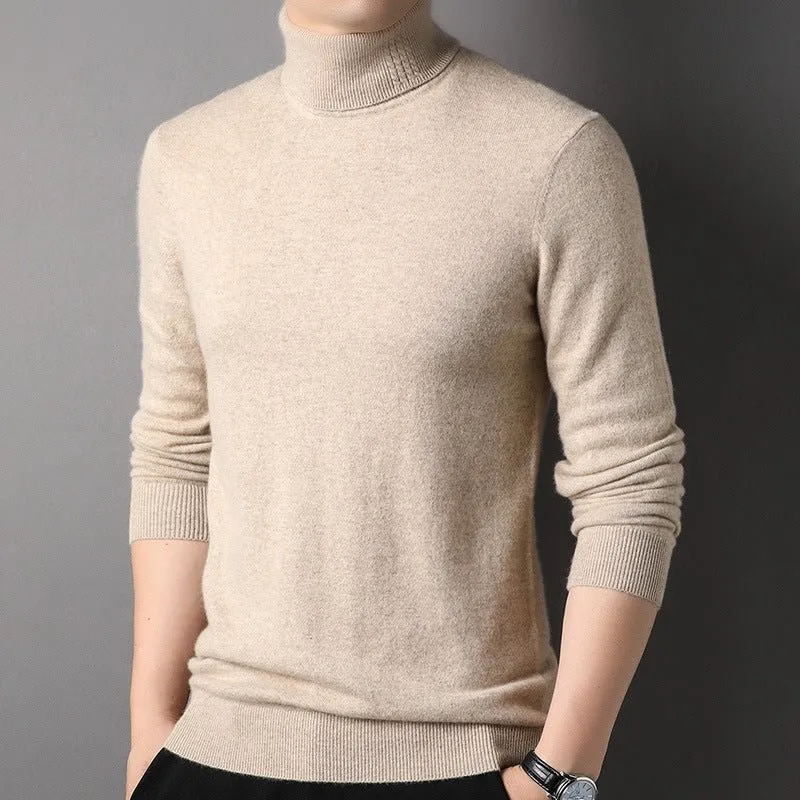 Mens Turtleneck Pure Cashmere Sweater Ribbed Hem Knit Bottoming Tops