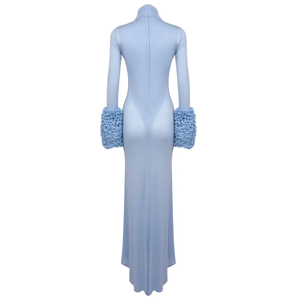 MICHELLE RUFFLED TURTLENECK MAXI DRESS IN PALE BLUE