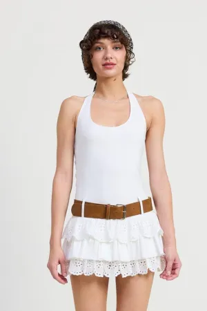MINI BELTED TIERED EYELET HALTER DRESS