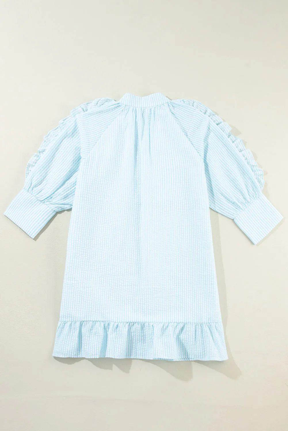 Myosotis Seersucker Ruffled Puff Sleeve Stand Neck Mini Dress