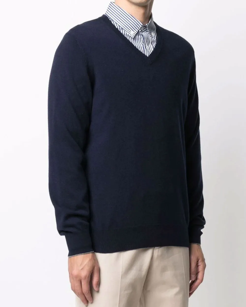 Navy Wool and Cashmere V-Neck Sweater