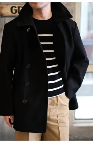 Navy Wool Double-Breasted Coat