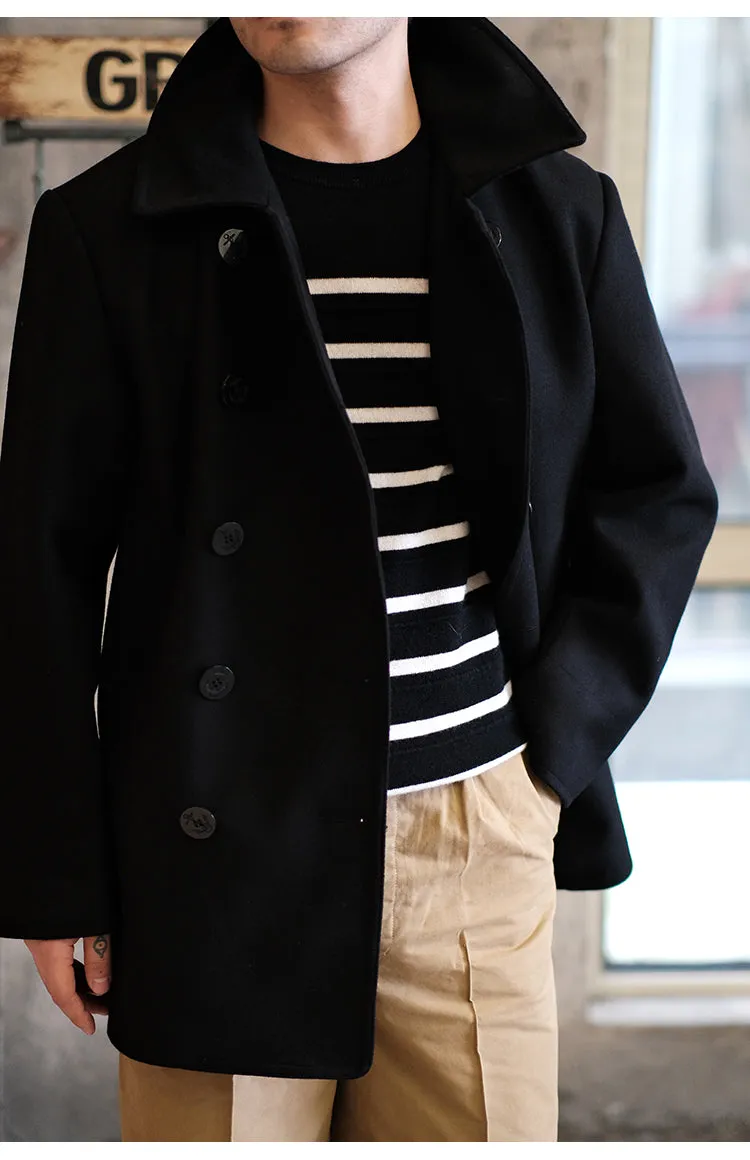 Navy Wool Double-Breasted Coat