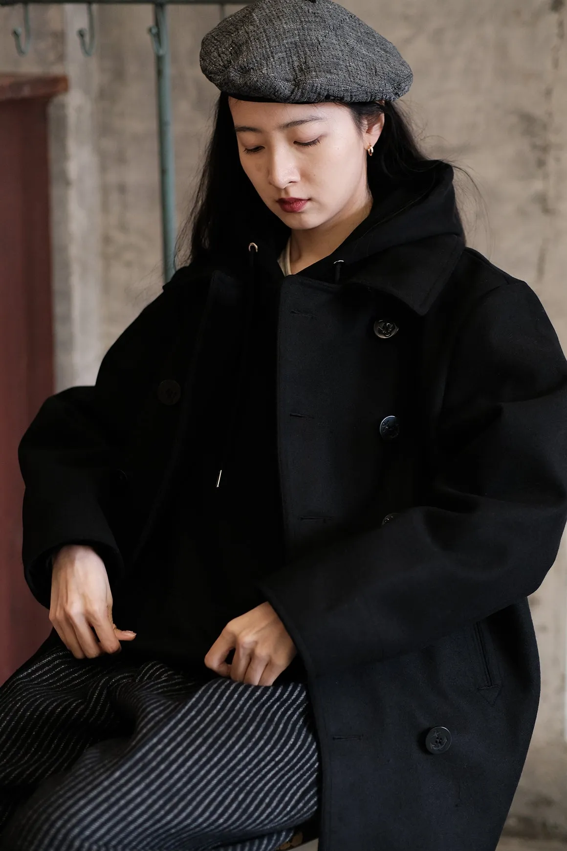 Navy Wool Double-Breasted Coat
