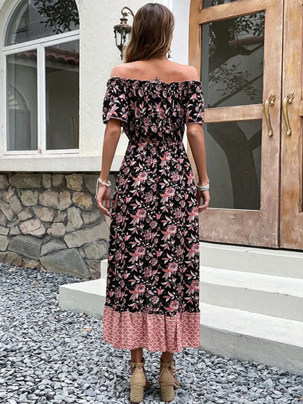 Off-Shoulder Floral Print Dress with Ruffled Neckline and High-Low Hemline