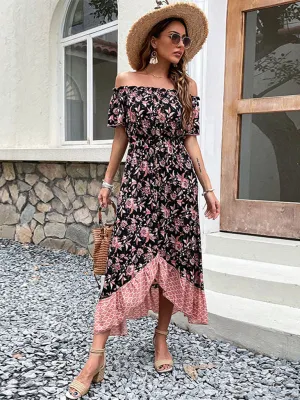 Off-Shoulder Floral Print Dress with Ruffled Neckline and High-Low Hemline