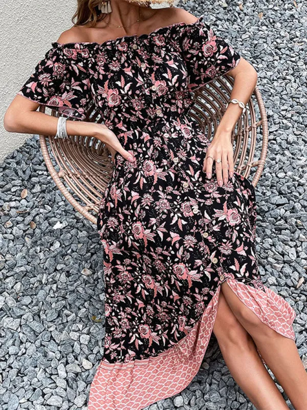 Off-Shoulder Floral Print Dress with Ruffled Neckline and High-Low Hemline