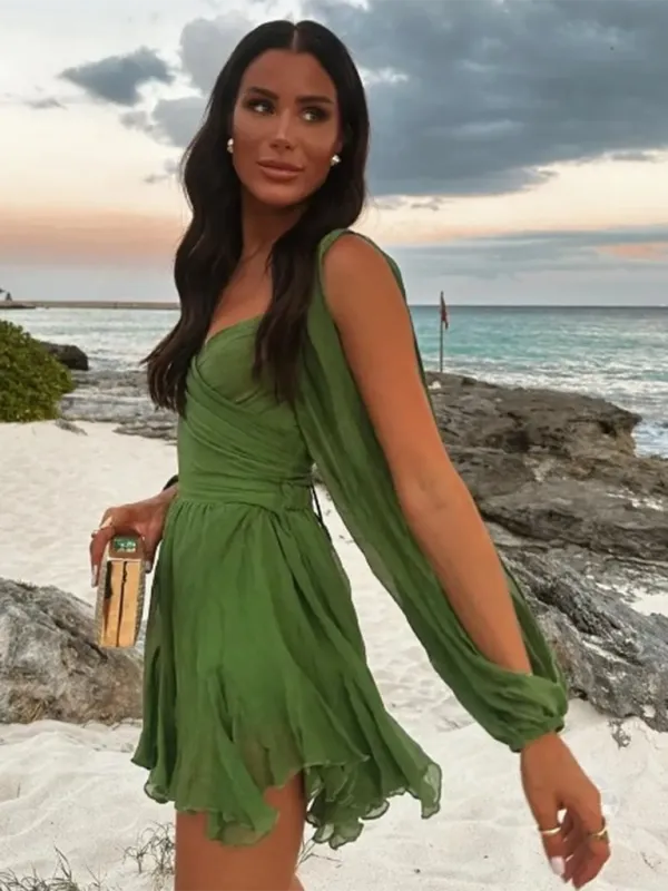 Off-Shoulder Mini Dress with Sheer Sleeves and Ruffled Hem