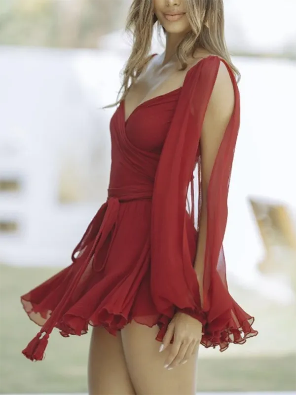 Off-Shoulder Mini Dress with Sheer Sleeves and Ruffled Hem