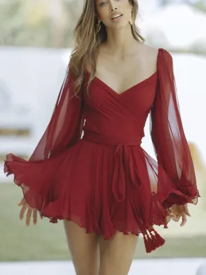 Off-Shoulder Mini Dress with Sheer Sleeves and Ruffled Hem