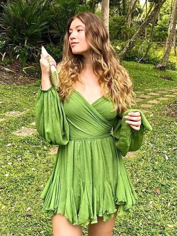 Off-Shoulder Mini Dress with Sheer Sleeves and Ruffled Hem