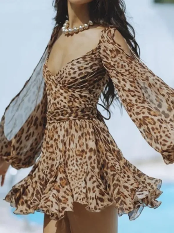 Off-Shoulder Mini Dress with Sheer Sleeves and Ruffled Hem