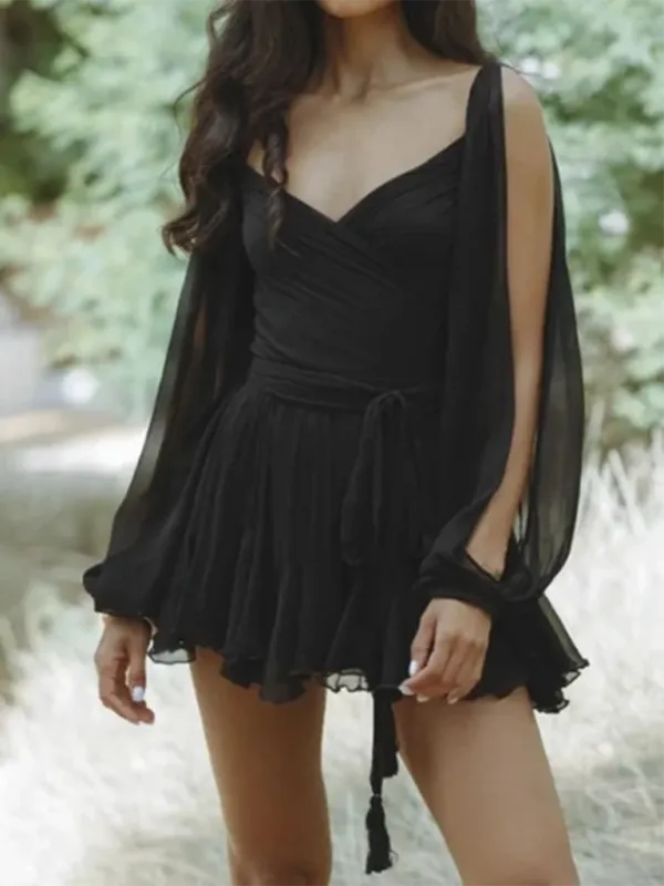Off-Shoulder Mini Dress with Sheer Sleeves and Ruffled Hem