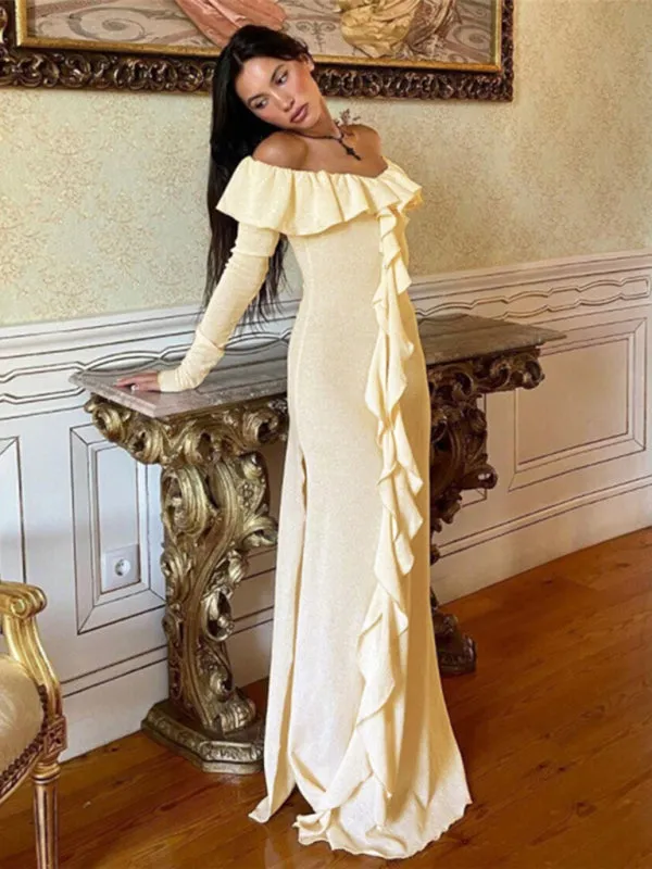 Off-the-Shoulder Maxi Dress with Ruffled Neckline and High Slit