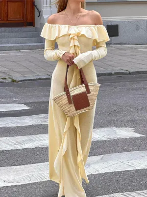Off-the-Shoulder Maxi Dress with Ruffled Neckline and High Slit
