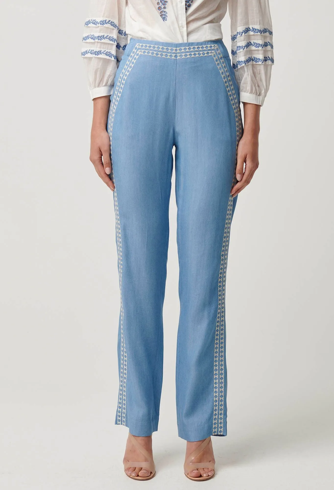Once Was - Ophelia Tencel Embroidered Pant -  Cornflower
