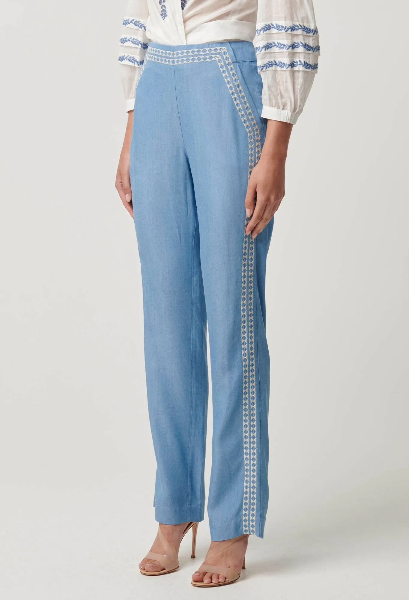 Once Was - Ophelia Tencel Embroidered Pant -  Cornflower