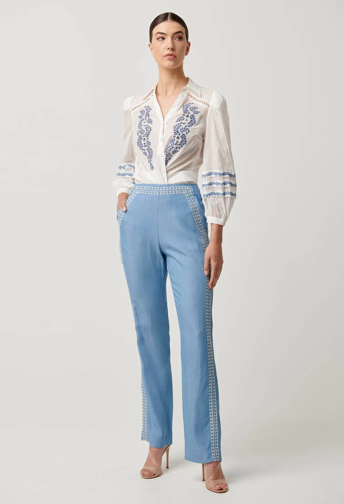 Once Was - Ophelia Tencel Embroidered Pant -  Cornflower