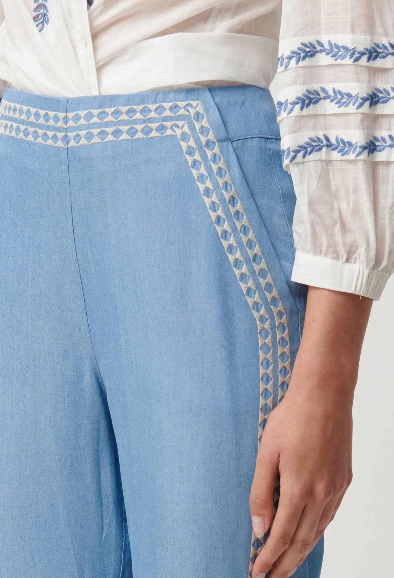Once Was - Ophelia Tencel Embroidered Pant -  Cornflower