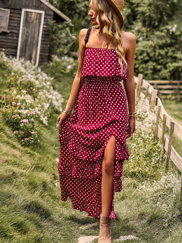 One-Shoulder Maxi Dress with Polka Dot Print and High Slit