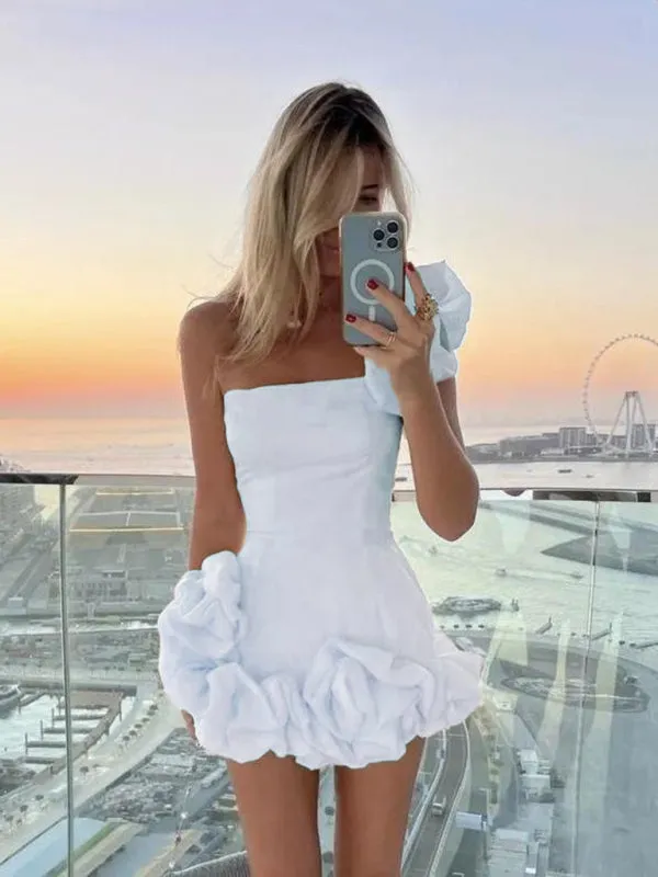 One-Shoulder Mini Dress with Ruffled Hem and Slim Fit