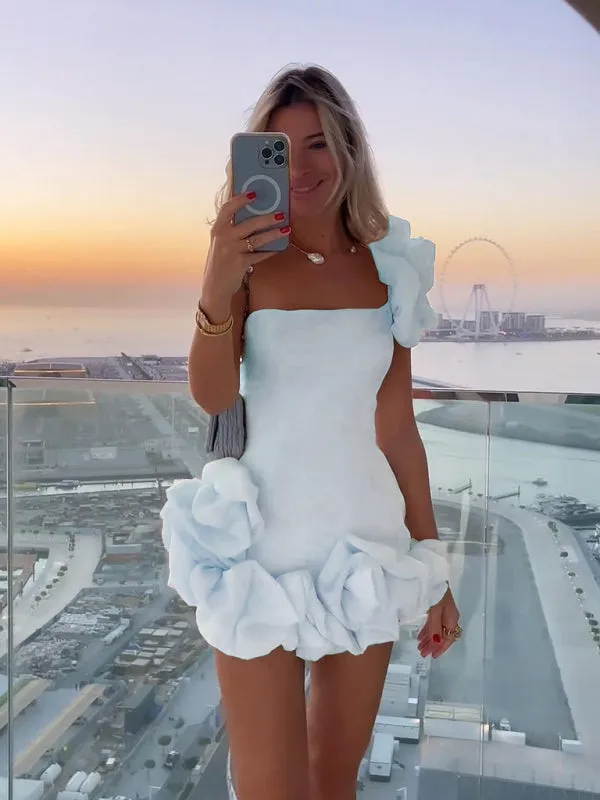 One-Shoulder Mini Dress with Ruffled Hem and Slim Fit