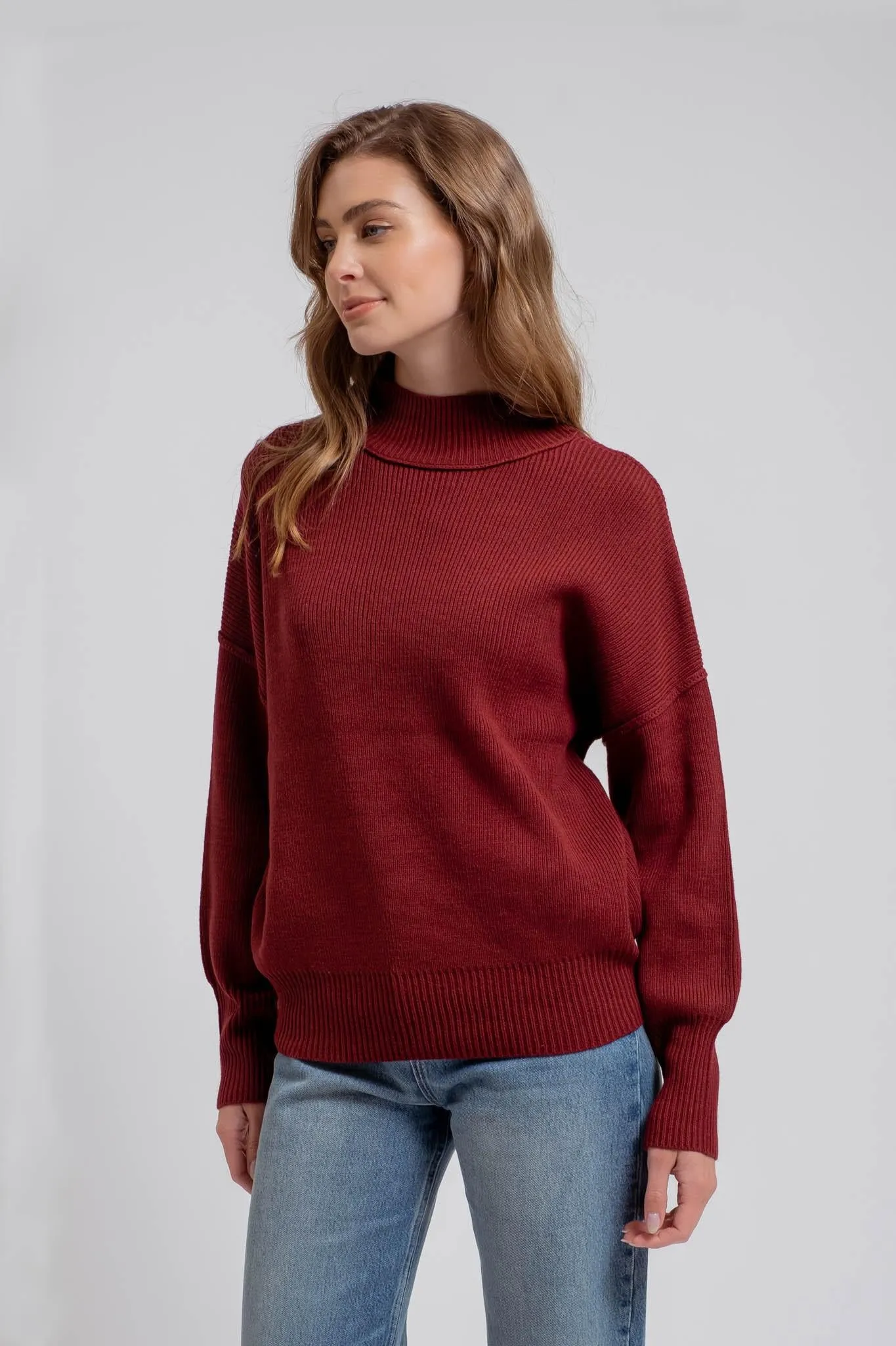 Oxblood Mock Neck Ribbed Sweater