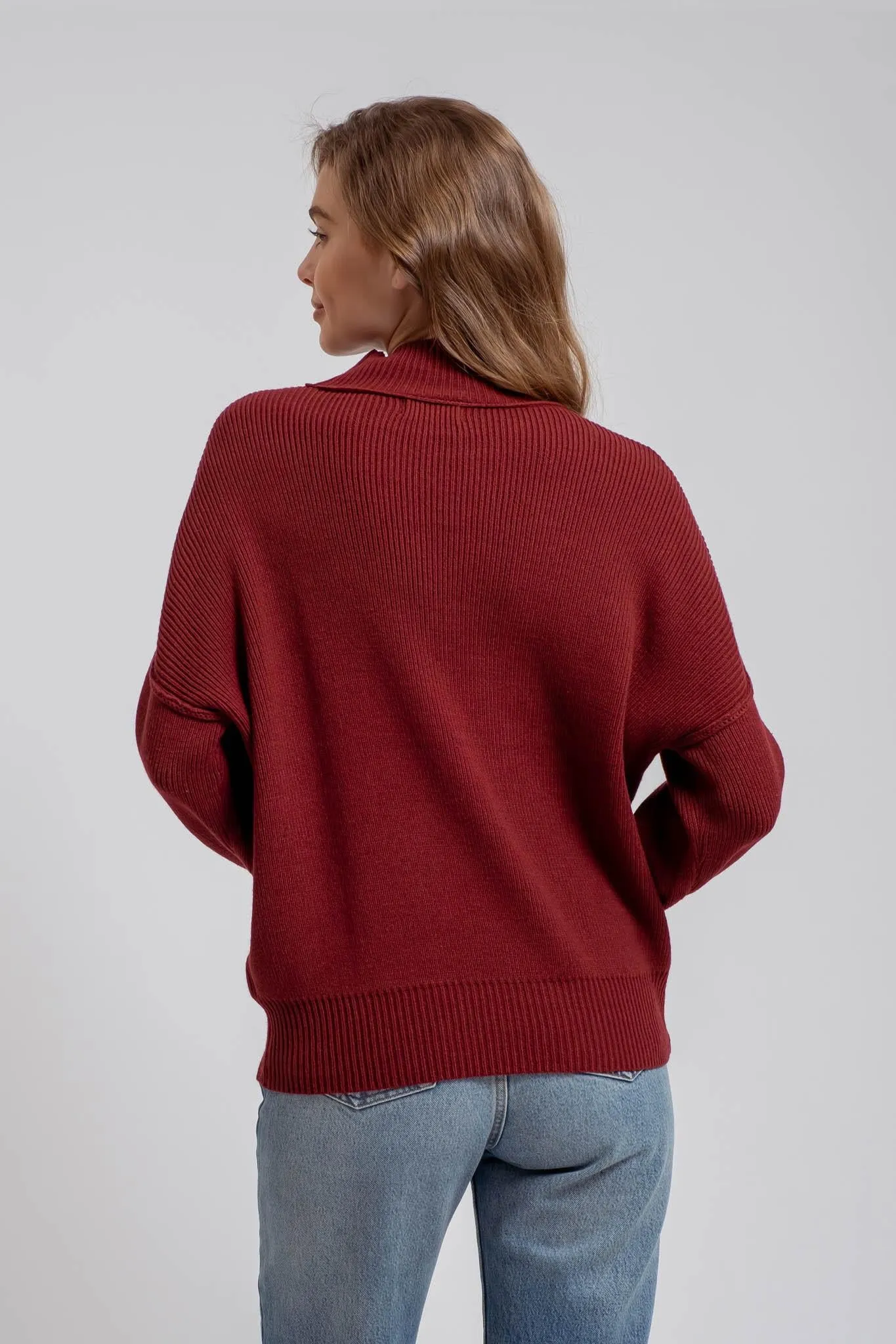 Oxblood Mock Neck Ribbed Sweater