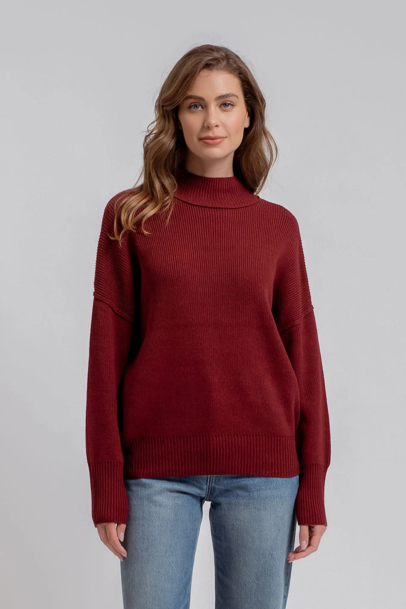 Oxblood Mock Neck Ribbed Sweater