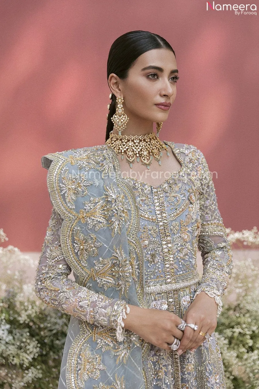 Pakistani Long Gown Powder Blue Bridal Lehenga #BN987