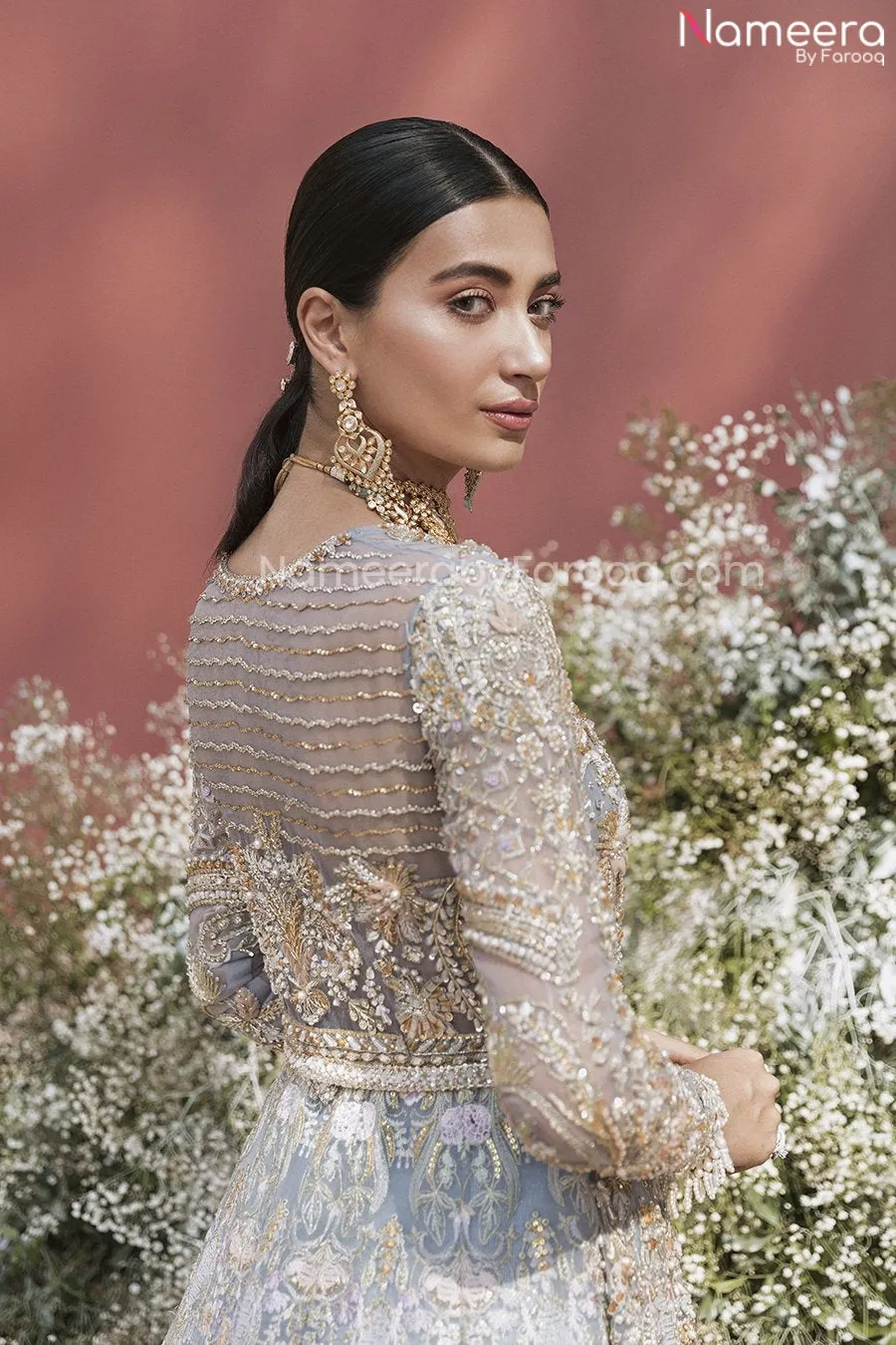 Pakistani Long Gown Powder Blue Bridal Lehenga #BN987