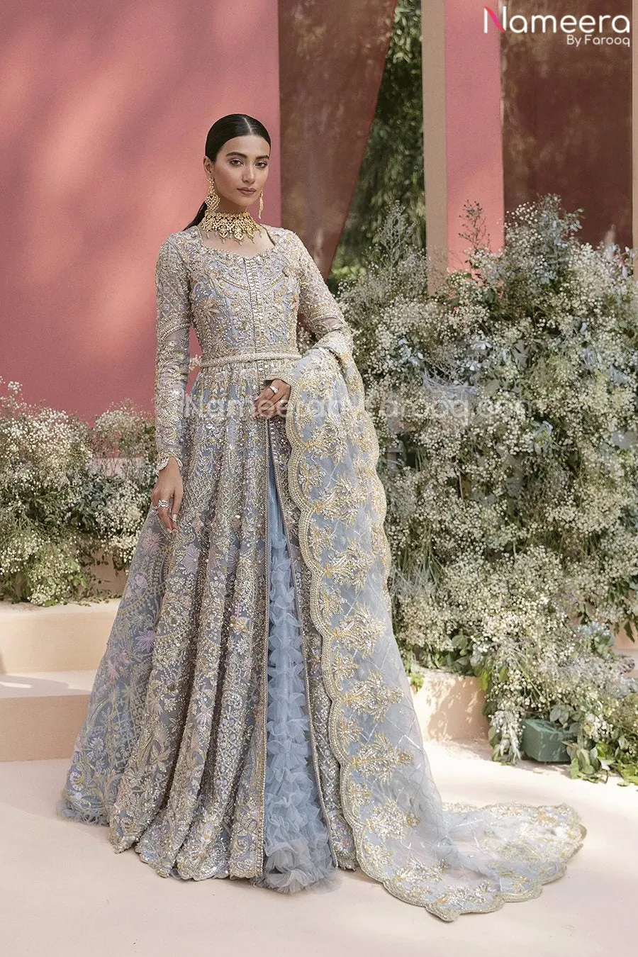 Pakistani Long Gown Powder Blue Bridal Lehenga #BN987