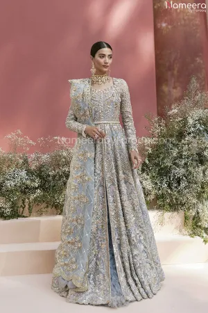 Pakistani Long Gown Powder Blue Bridal Lehenga #BN987