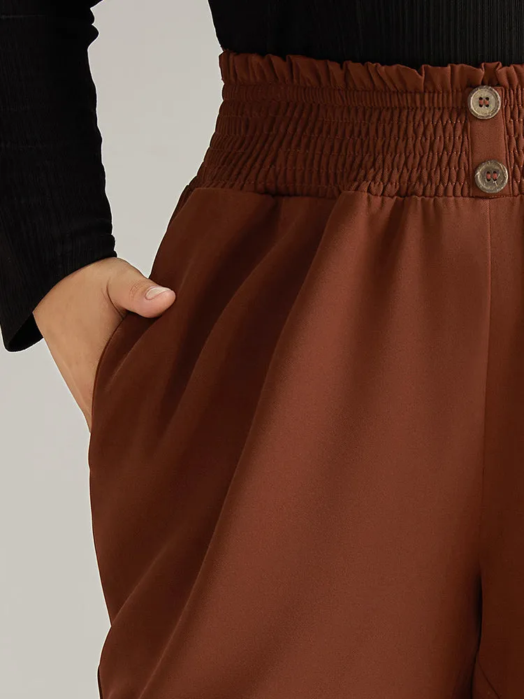 Paperbag Waist Button Detail Shirred Pants