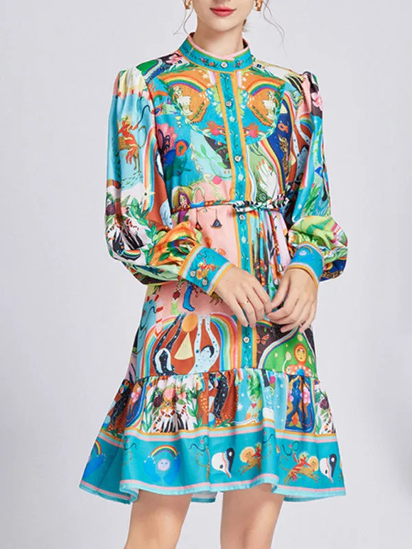 Patchwork Print Mini Dress with Waist Slimming and Ruffled Hem