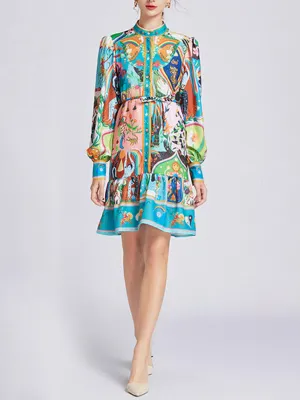 Patchwork Print Mini Dress with Waist Slimming and Ruffled Hem