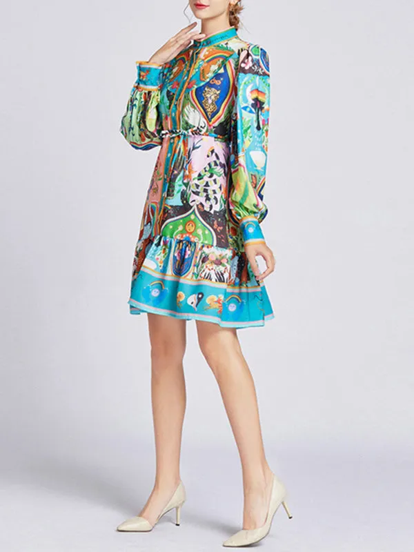 Patchwork Print Mini Dress with Waist Slimming and Ruffled Hem