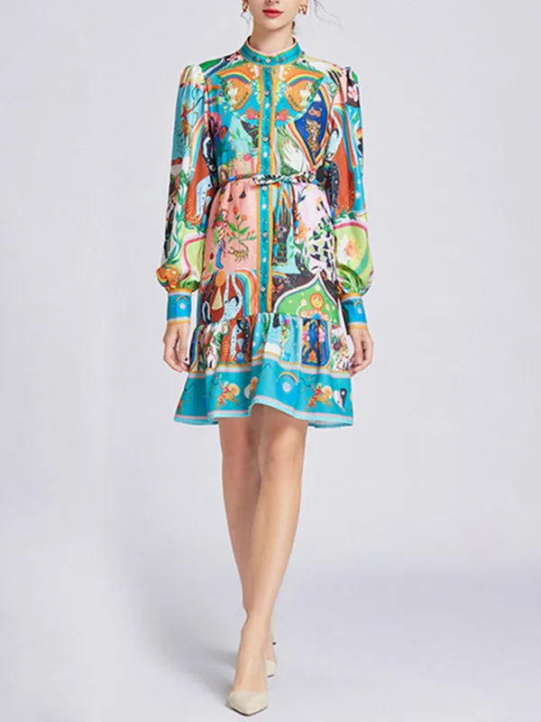 Patchwork Print Mini Dress with Waist Slimming and Ruffled Hem