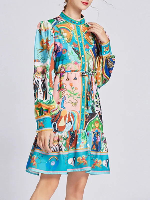 Patchwork Print Mini Dress with Waist Slimming and Ruffled Hem